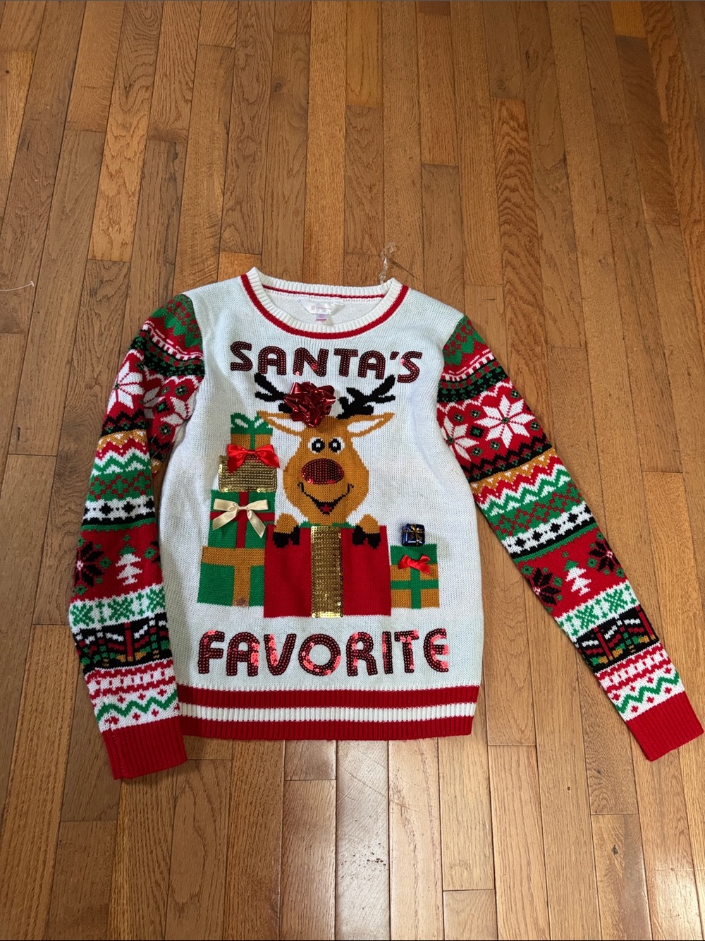 No Boundaries Girls' Christmas Reindeer Sweater - White, Red, Green, Gold